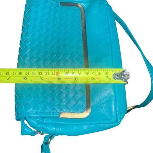 ASOS Turquoise Blue Woven Leather Crossbody Bag Gold Trim Adjustable Strap - Picture 9 of 10